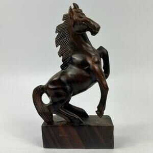 Vintage 9.5" Hand Carved Rearing Horse Sculpture Striped Tropical Hardwood Decor